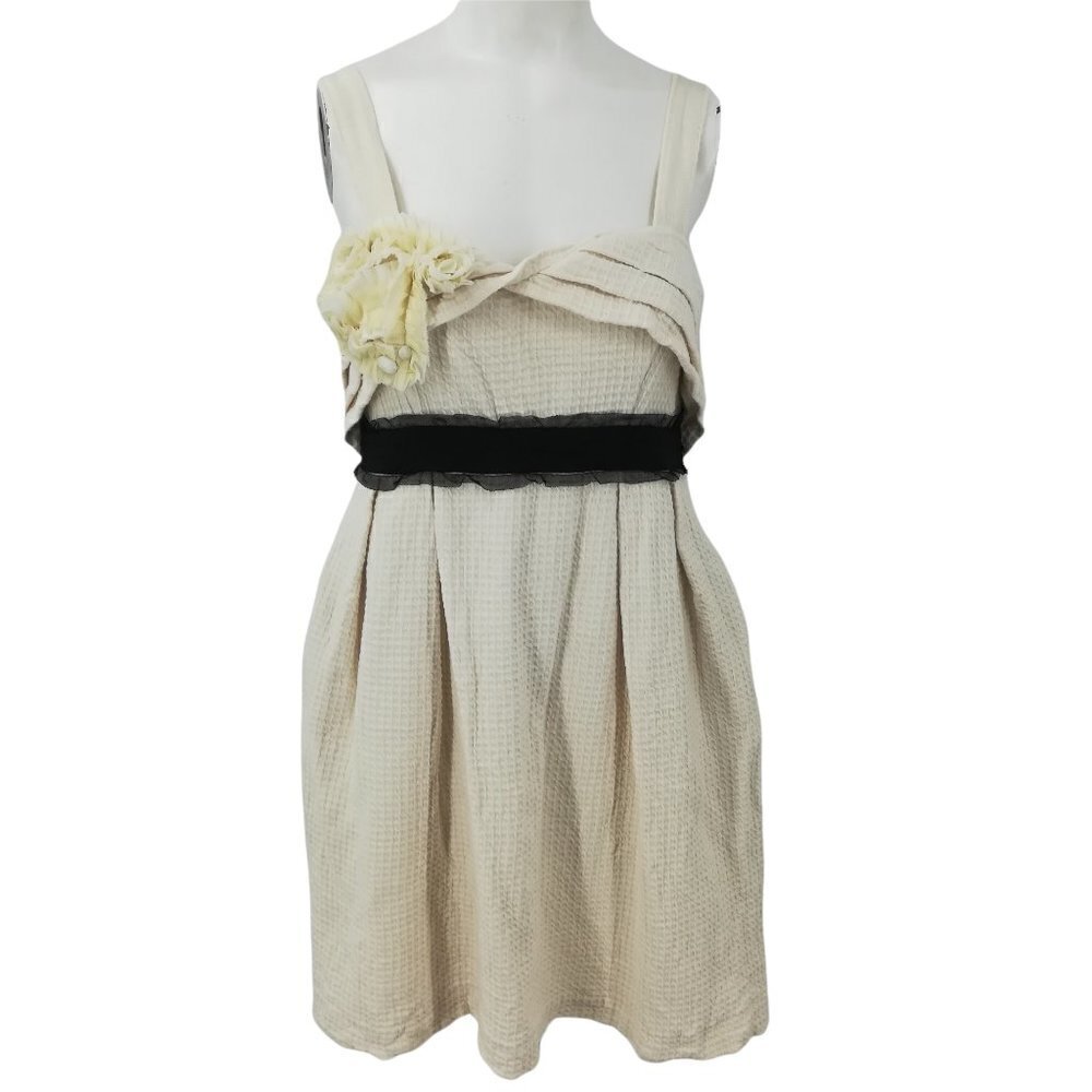 Deletta Anthropologie Waffle Knit Dress Size M Pockets Ruffle Lace Sheath Cream